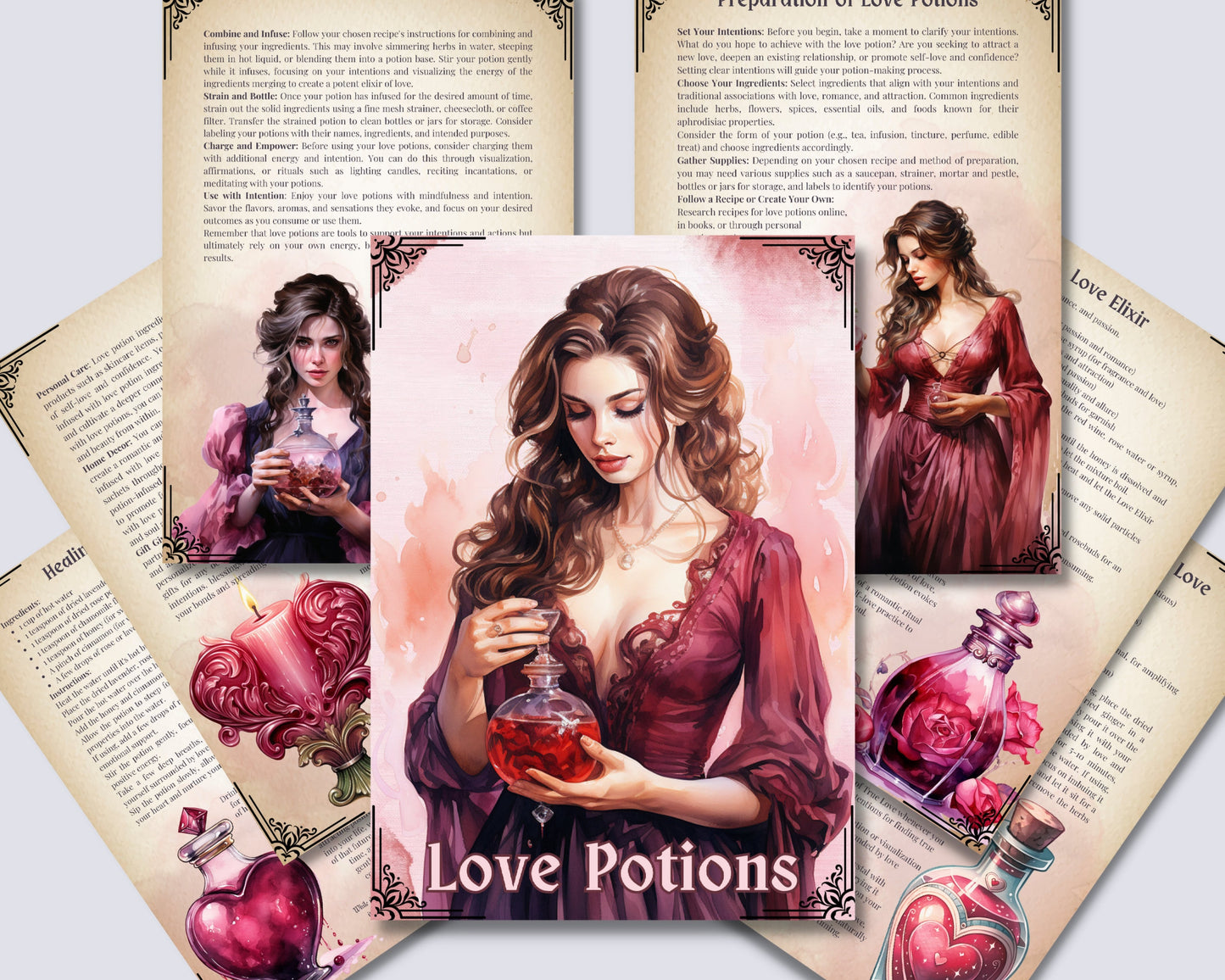 Love Potions. Basics. Beautiful pages for your Grimoire or Book Of Shadows. Printable.