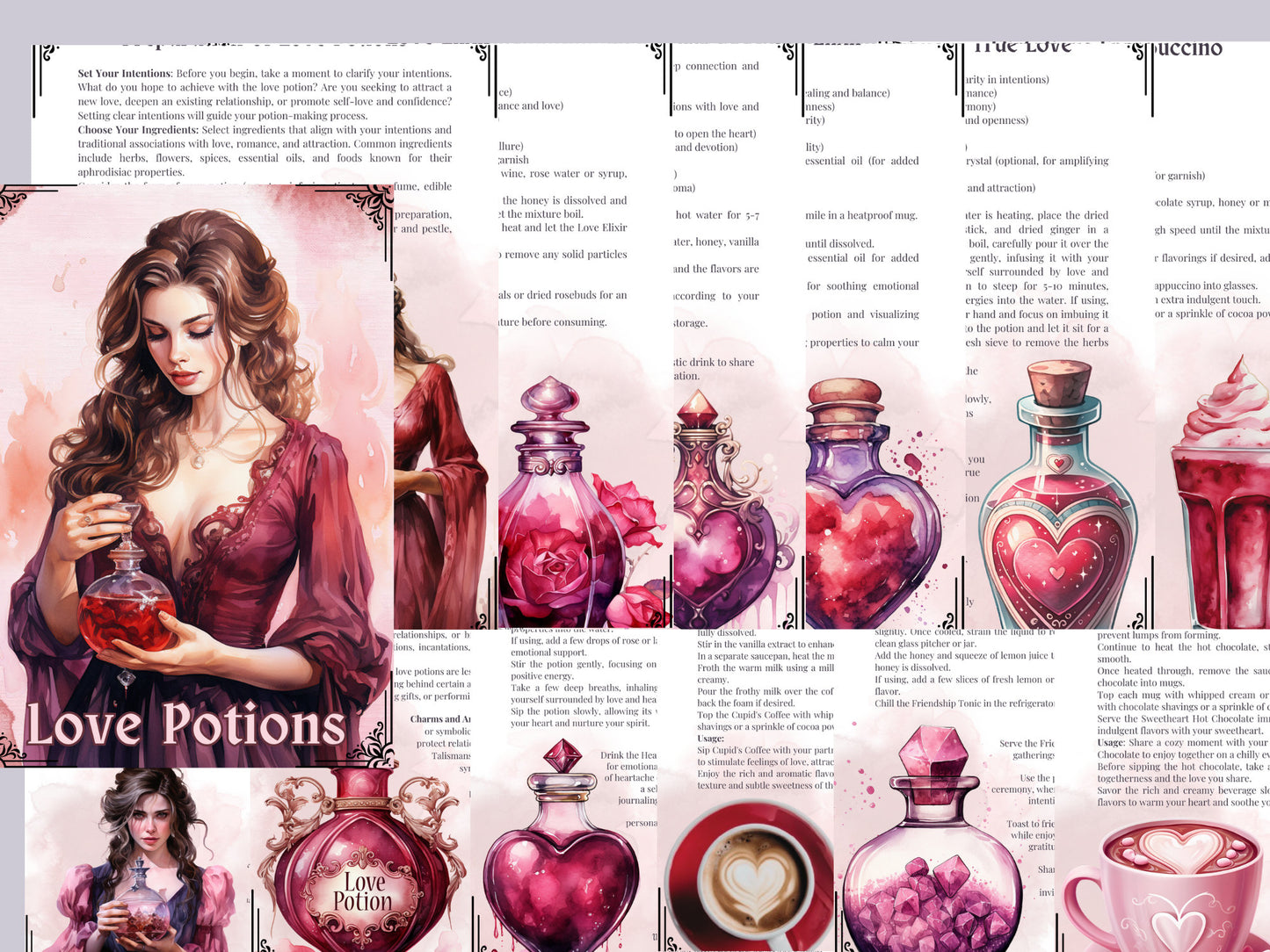 Love Potions. Basics. Beautiful pages for your Grimoire or Book Of Shadows. Printable.