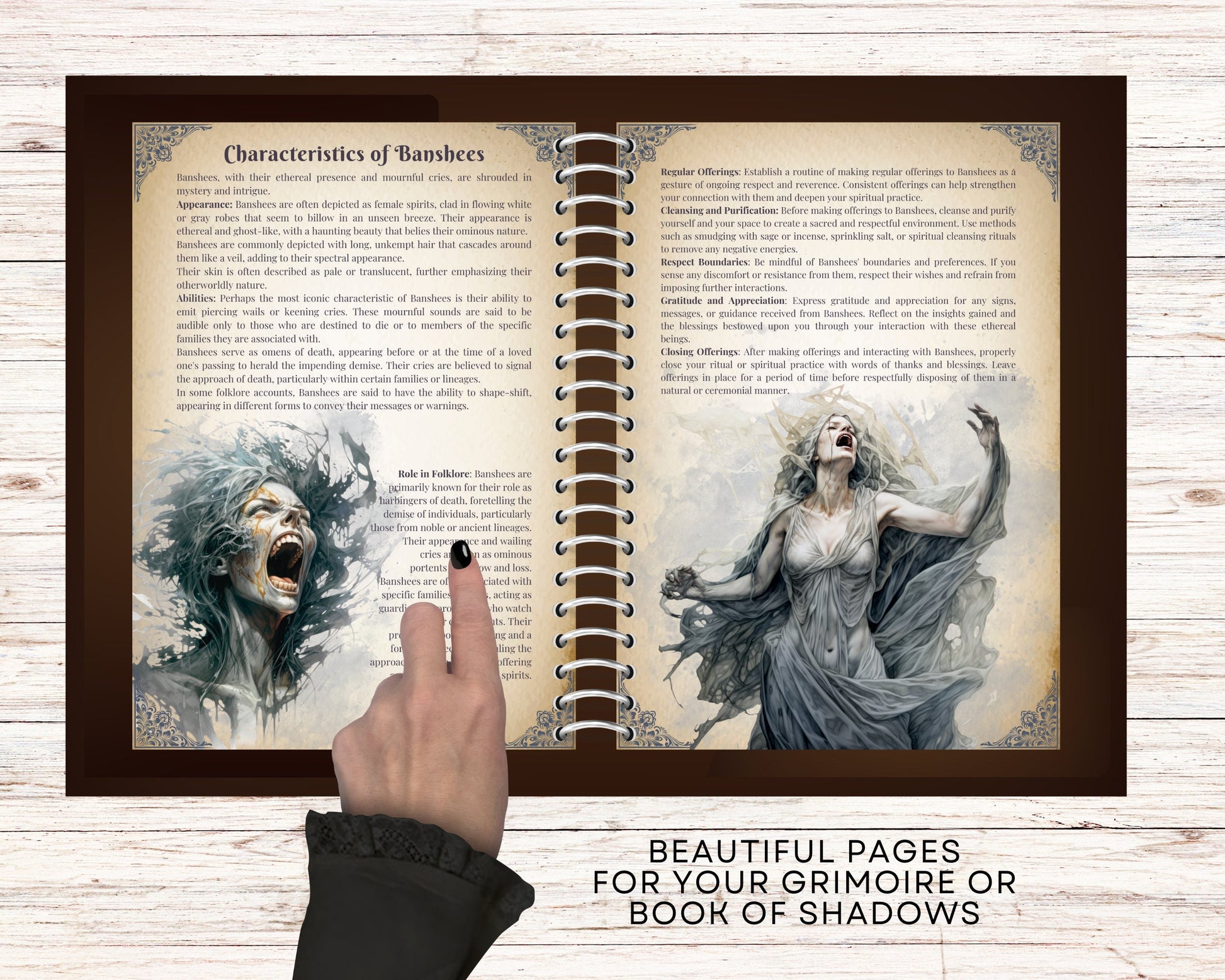 Banshee. “Woman of the fairies”. Beautiful pages for your Grimoire or Book of Shadows. Printable