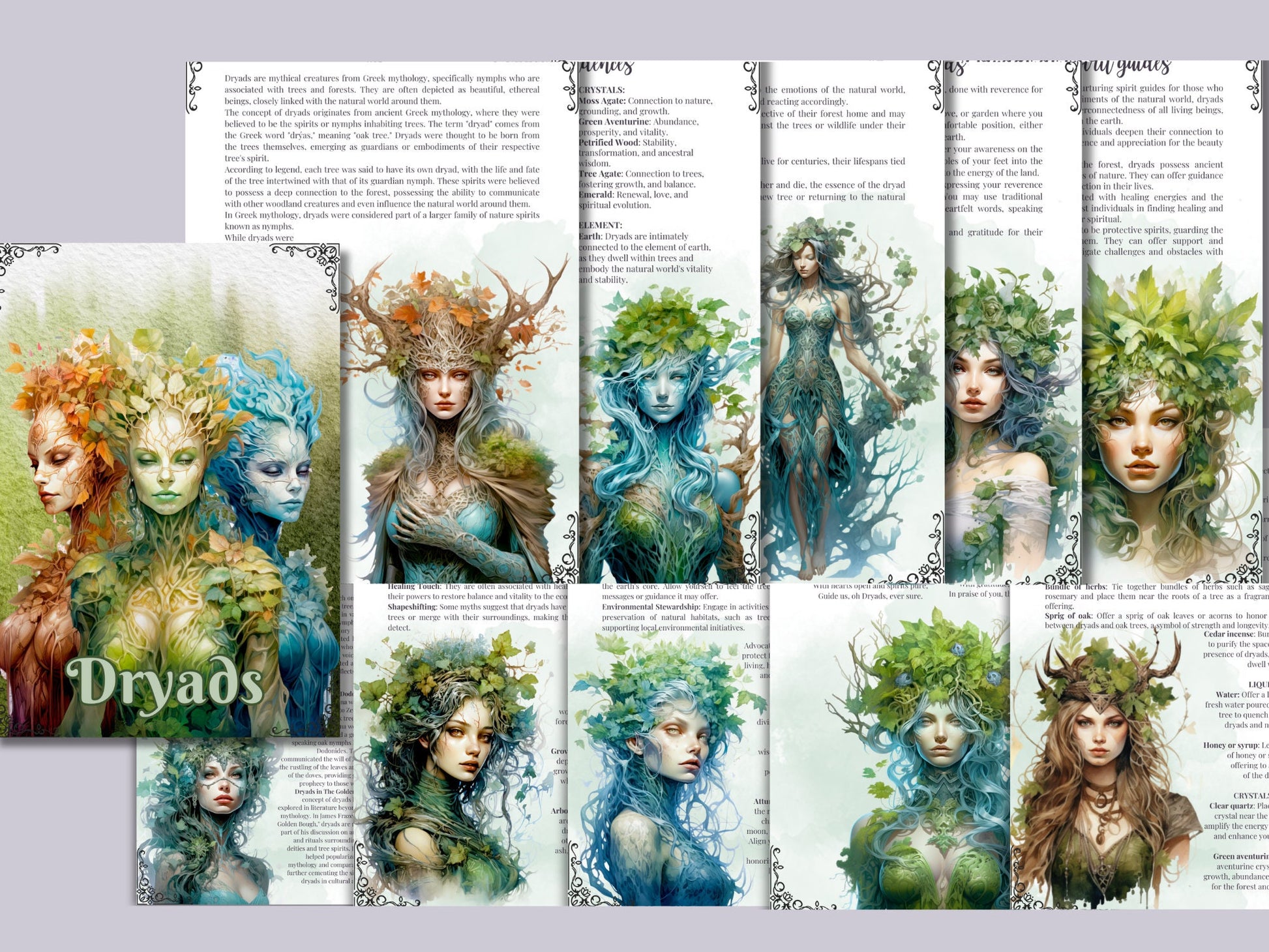 Dryads. Tree nymphs. Beautiful pages for your Grimoire or Book Of Shadows. Printable