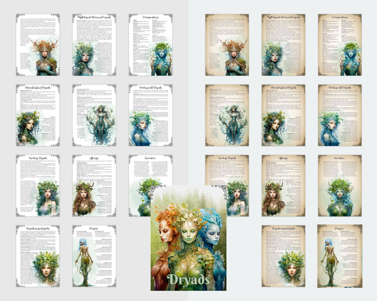 Dryads. Tree nymphs. Beautiful pages for your Grimoire or Book Of Shadows. Printable