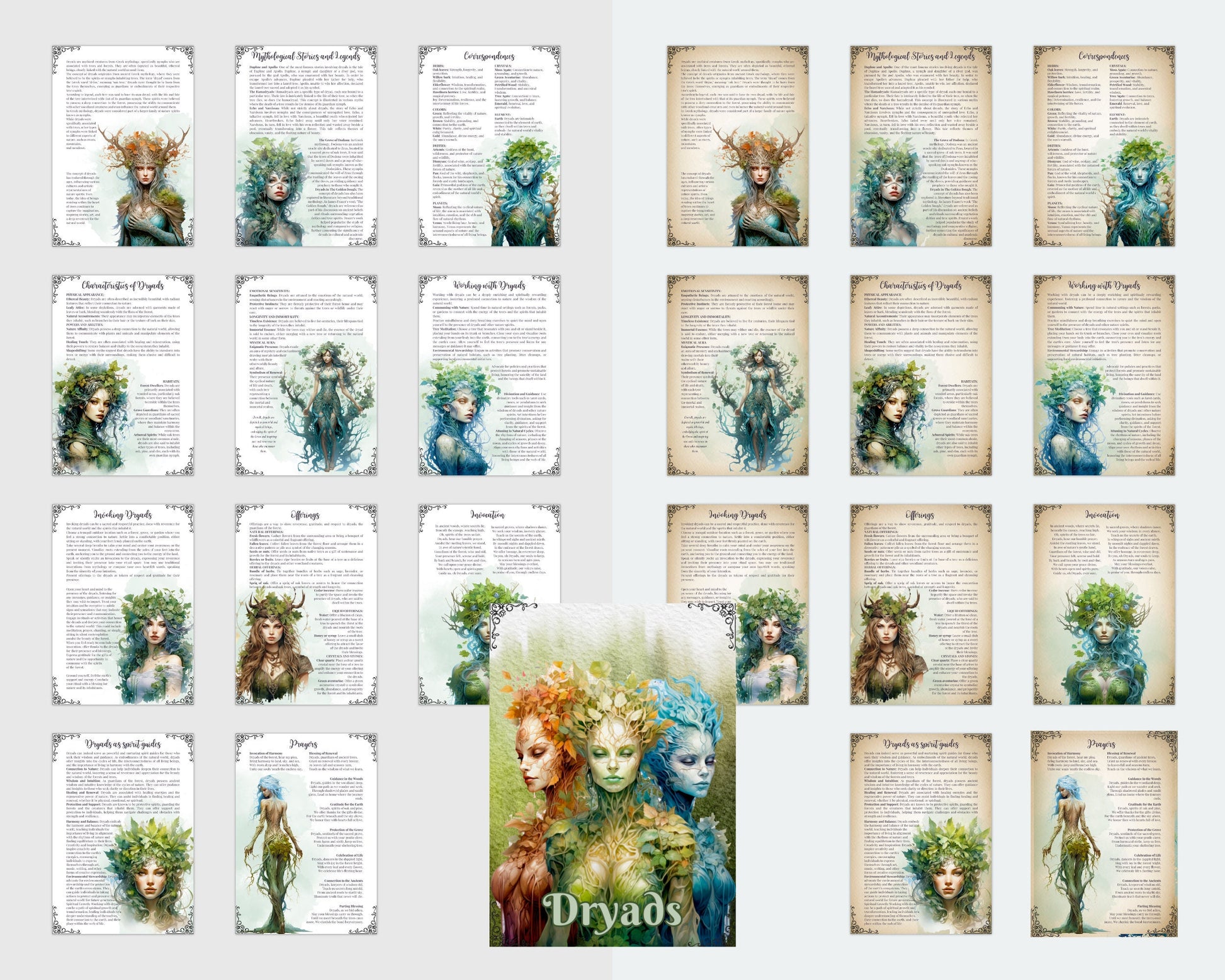 Dryads. Tree nymphs. Beautiful pages for your Grimoire or Book Of Shadows. Printable