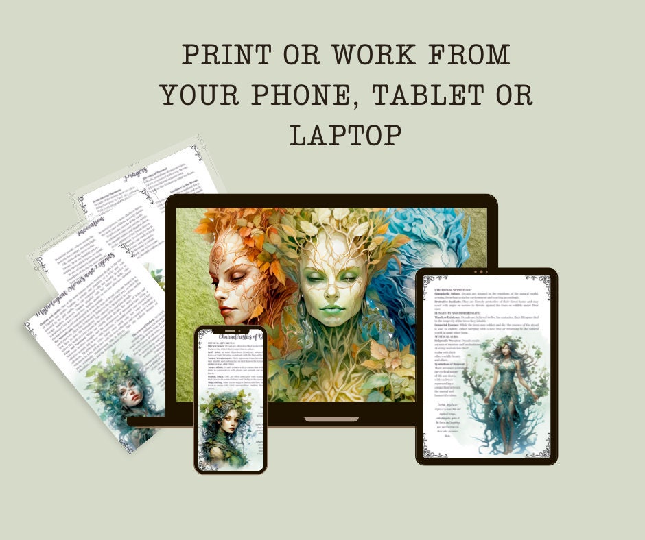 Dryads. Tree nymphs. Beautiful pages for your Grimoire or Book Of Shadows. Printable