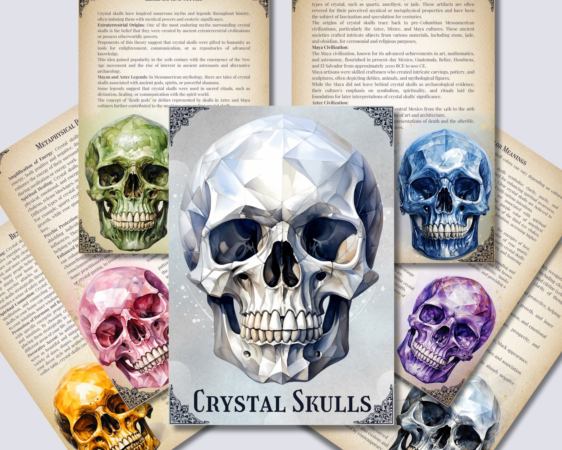 Crystal Skulls: How They Work And How To Use Them. Beautiful pages for your Grimoire or Book Of Shadows. Printable.