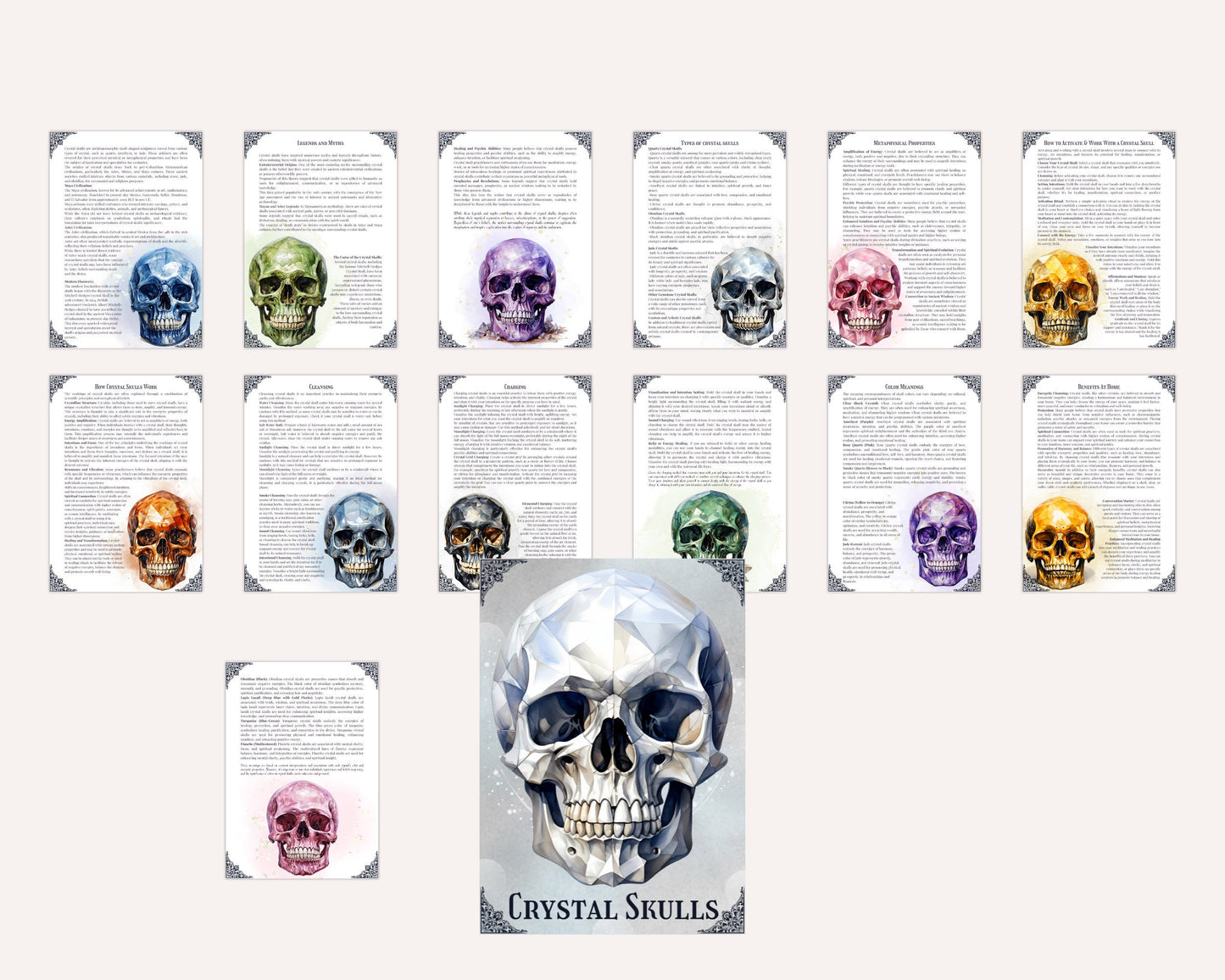 Crystal Skulls: How They Work And How To Use Them. Beautiful pages for your Grimoire or Book Of Shadows. Printable.