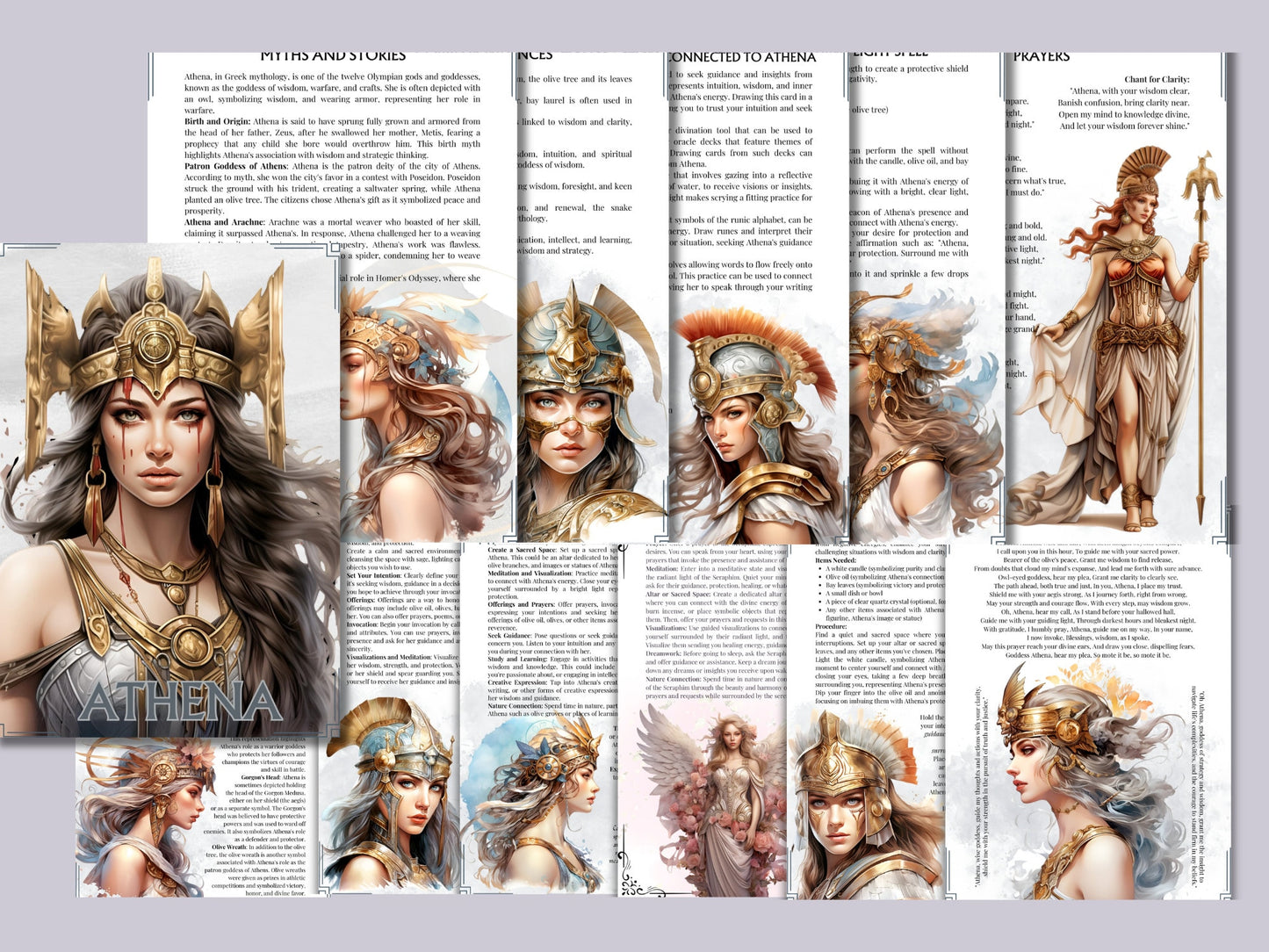 Athena. Greek goddess of wisdom and good counsel, war, the defence of towns, heroic endeavour, weaving, and pottery. Printable pages.