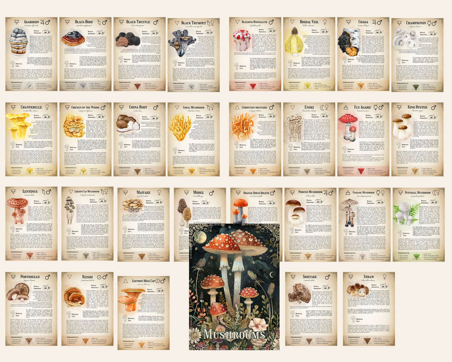The ultimate guide of Mushrooms. 30 pages. Printable