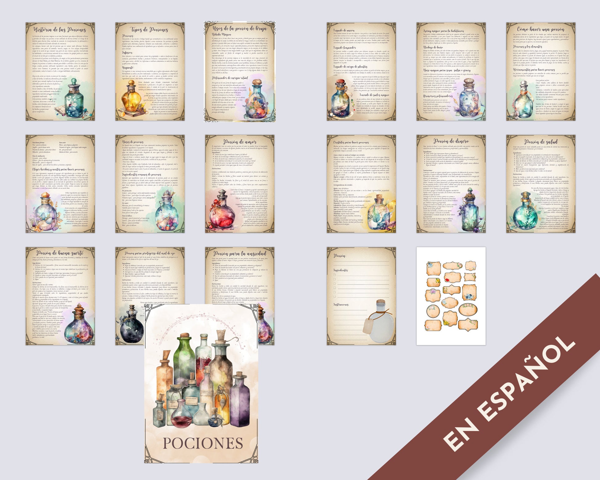 POCIONES. EN ESPAÑOL. Hermosas páginas para tu Libro de las Sombras. Descarga instantánea.