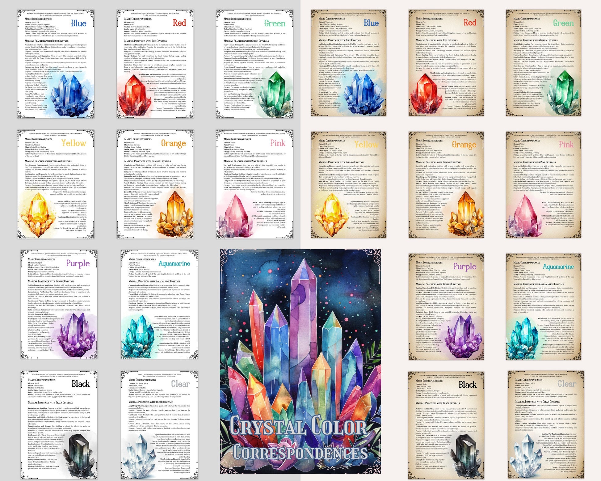 Crystal Color Correspondences. Beautiful pages for your Grimoire or Book Of Shadows. Printable