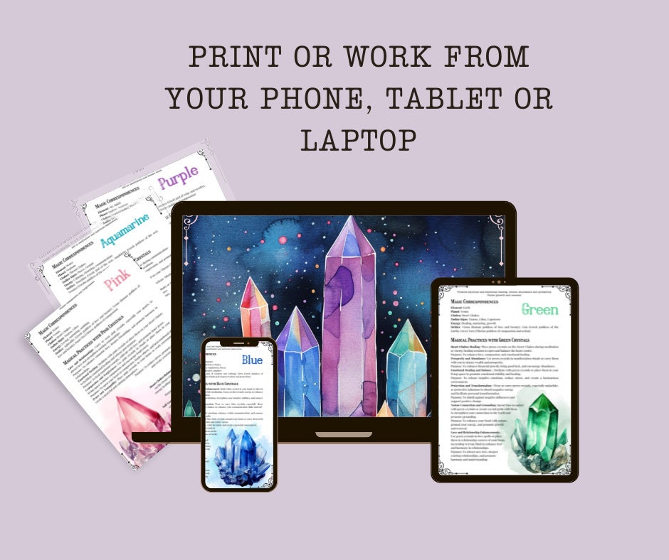 Crystal Color Correspondences. Beautiful pages for your Grimoire or Book Of Shadows. Printable
