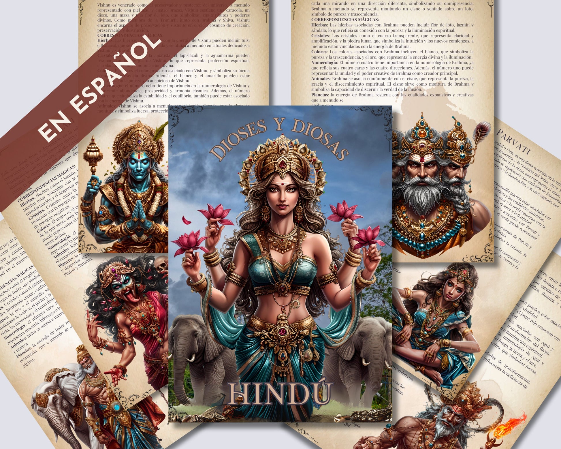 ESPAÑOL. DIOSES Y DIOSAS Hindúes. Hermosas páginas para tu Grimorio o Libro de las Sombras. Imprimible
