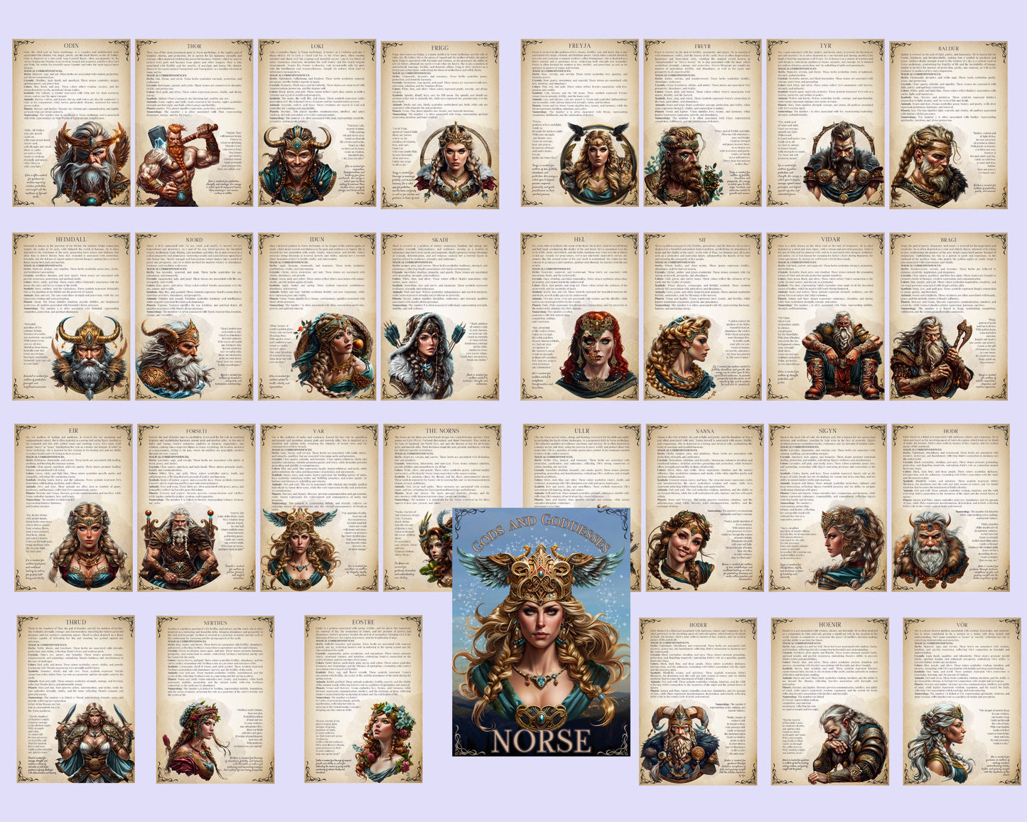 NORSE Gods and Goddesses. The most complete. Beautiful pages for your Grimoire or Book Of Shadows. Printable