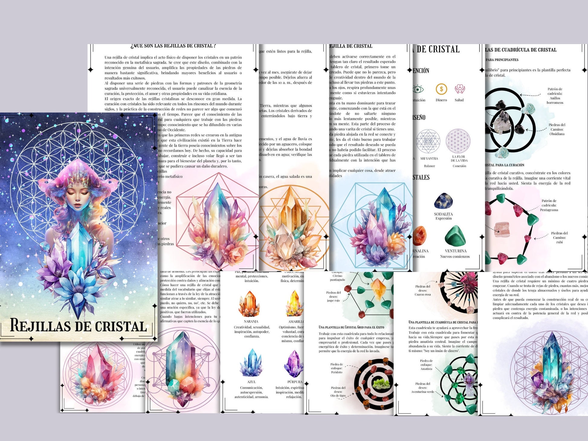 Guía de Rejillas de Cristales. Imprimible + Plantillas BONIFICACIÓN. Hermosas páginas de grimorio para principiantes. Descarga instantánea.