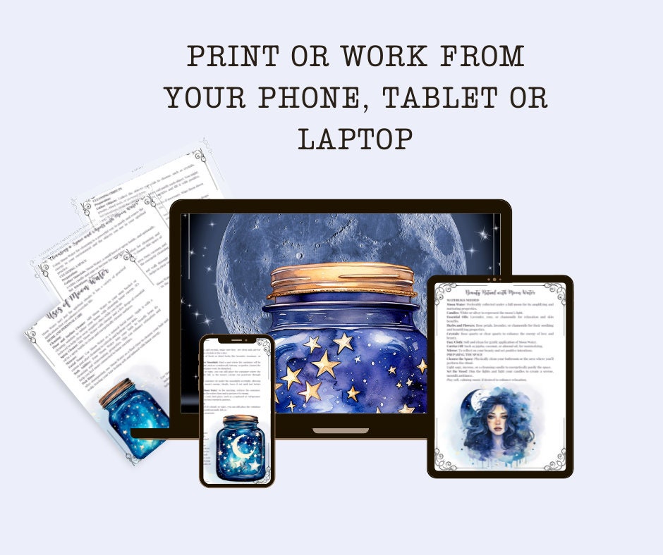 Moon Water Magic Guide. Beautiful pages for your Grimoire or Book Of Shadows. Printable