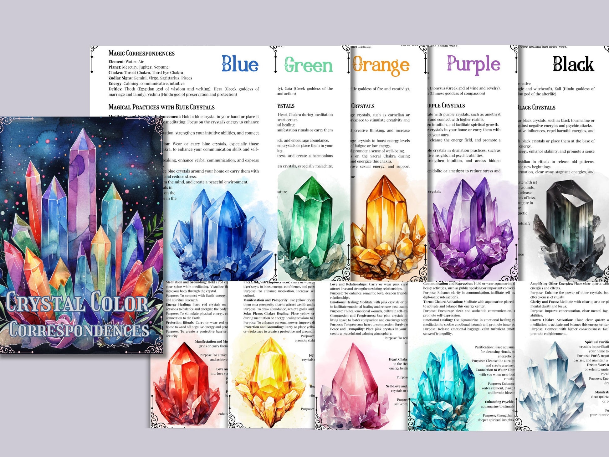 Crystal Color Correspondences. Beautiful pages for your Grimoire or Book Of Shadows. Printable