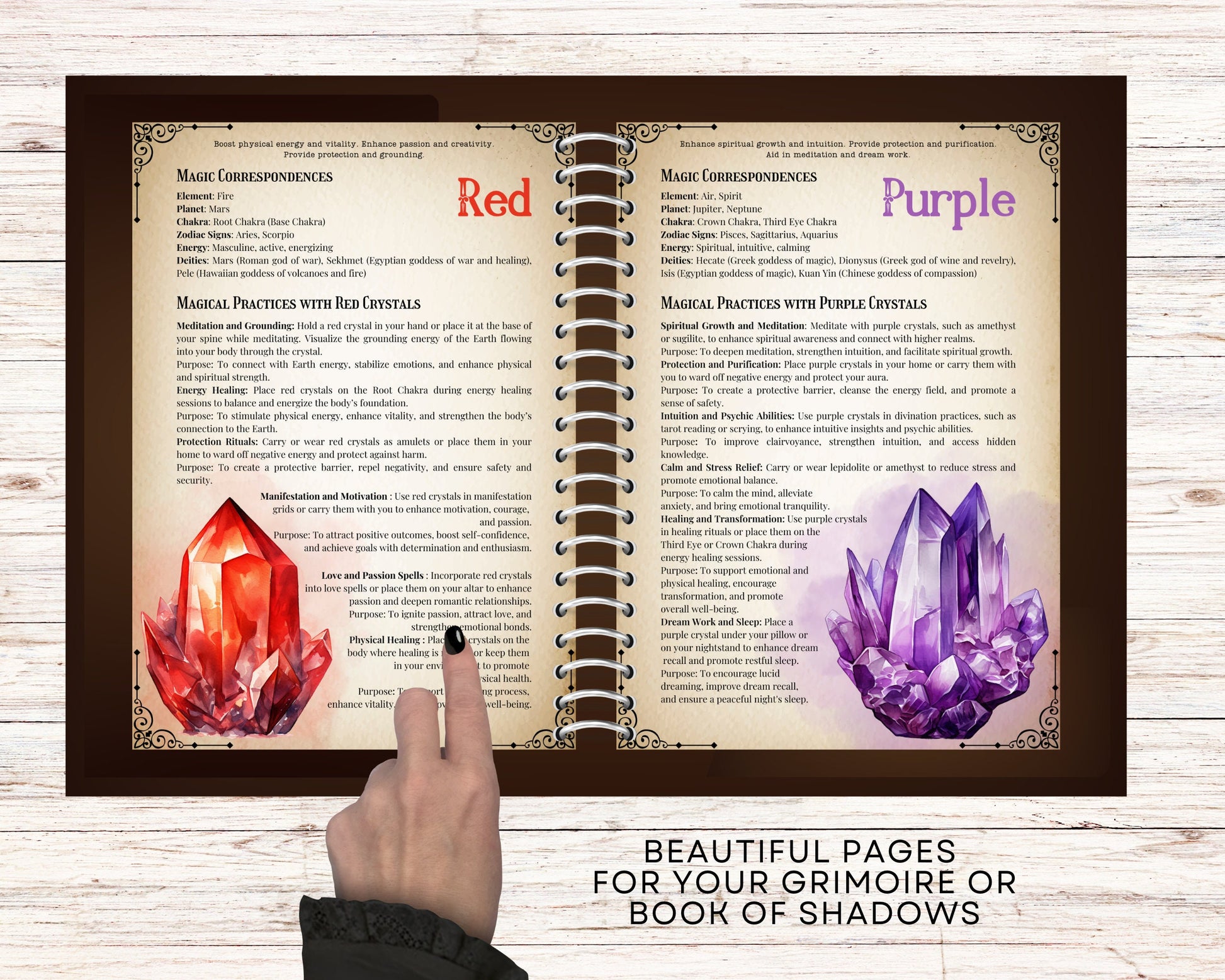 Crystal Color Correspondences. Beautiful pages for your Grimoire or Book Of Shadows. Printable