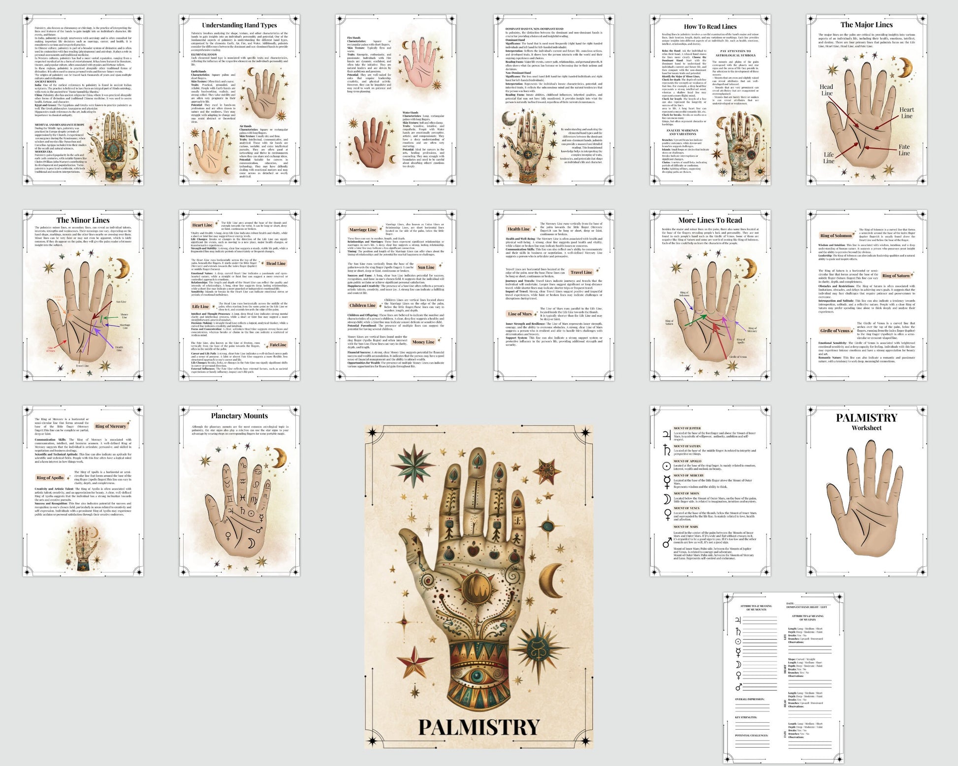 Palmistry. Basic guide. Beautiful pages for your Grimoire or Book Of Shadows. Printable