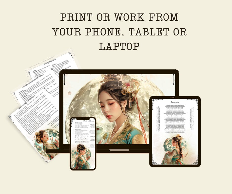 Chang'e. Chinese female deity of the Moon. Beautiful pages for your Grimoire or Book Of Shadows. Printable