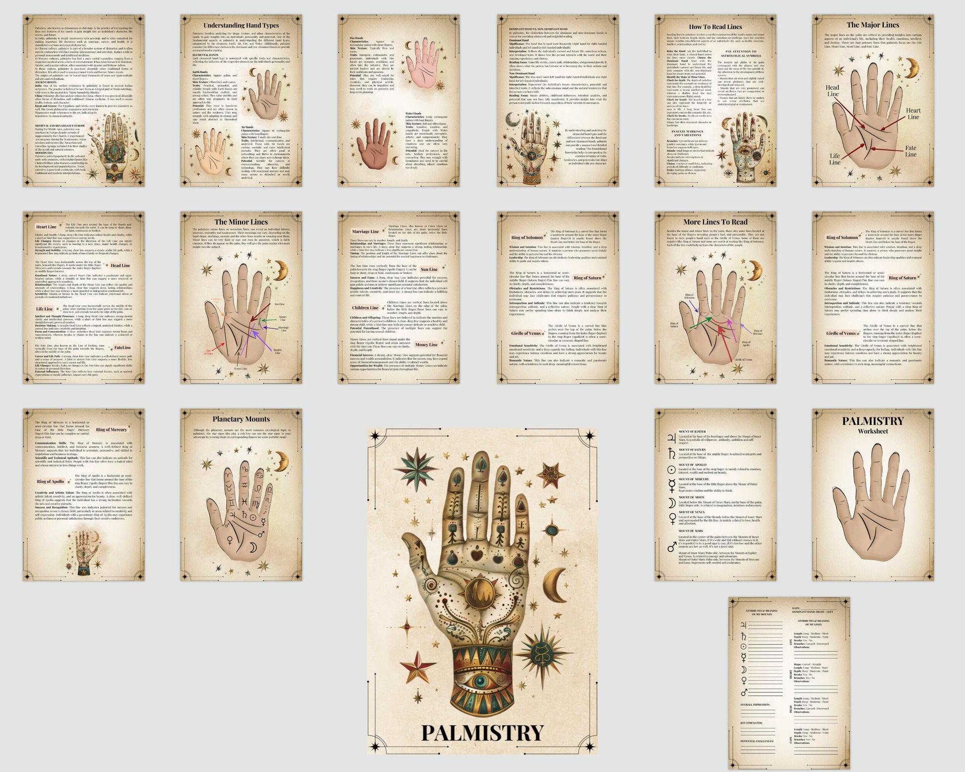 Palmistry. Basic guide. Beautiful pages for your Grimoire or Book Of Shadows. Printable