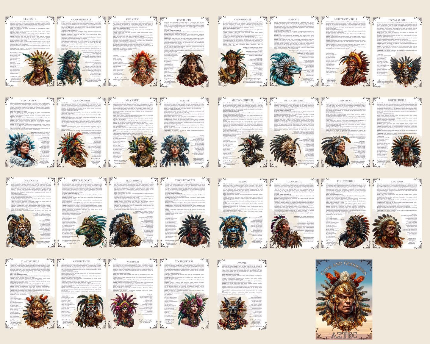 Aztec. Gods and Goddess. Beautiful pages for your Grimoire or Book Of Shadows. Printable.