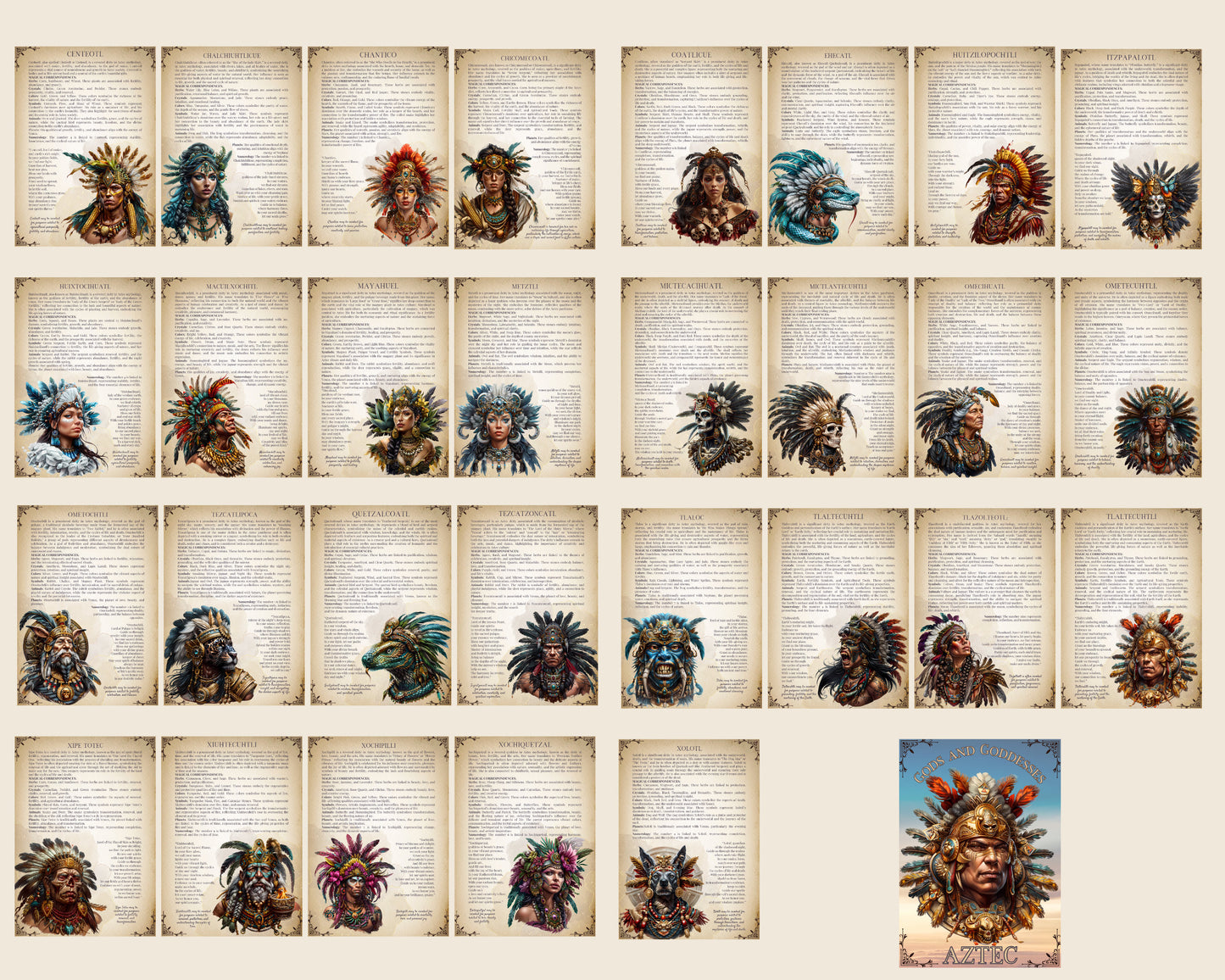 Aztec. Gods and Goddess. Beautiful pages for your Grimoire or Book Of Shadows. Printable.