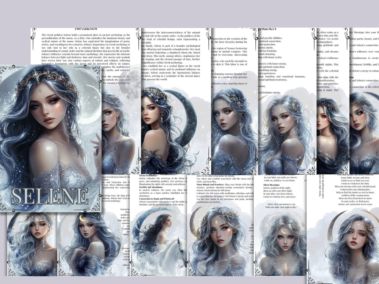 Selene. The goddess and personification of the Moon. Beautiful pages for your Grimoire or Book Of Shadows. Printable.