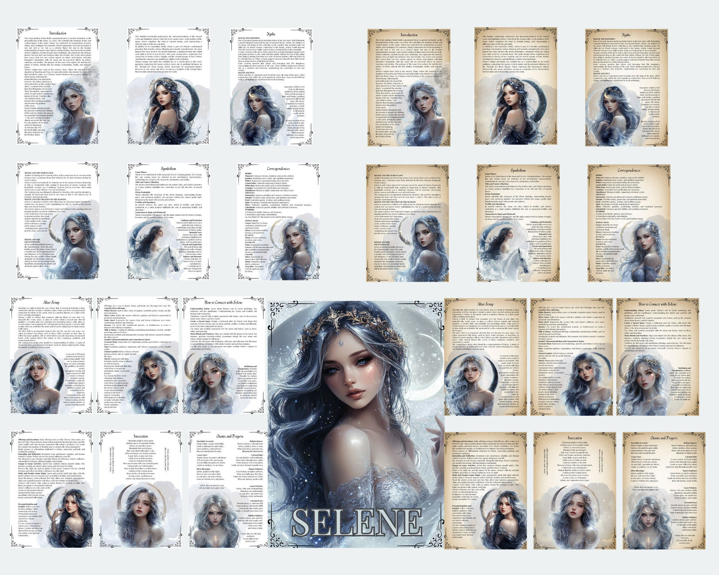 Selene. The goddess and personification of the Moon. Beautiful pages for your Grimoire or Book Of Shadows. Printable.