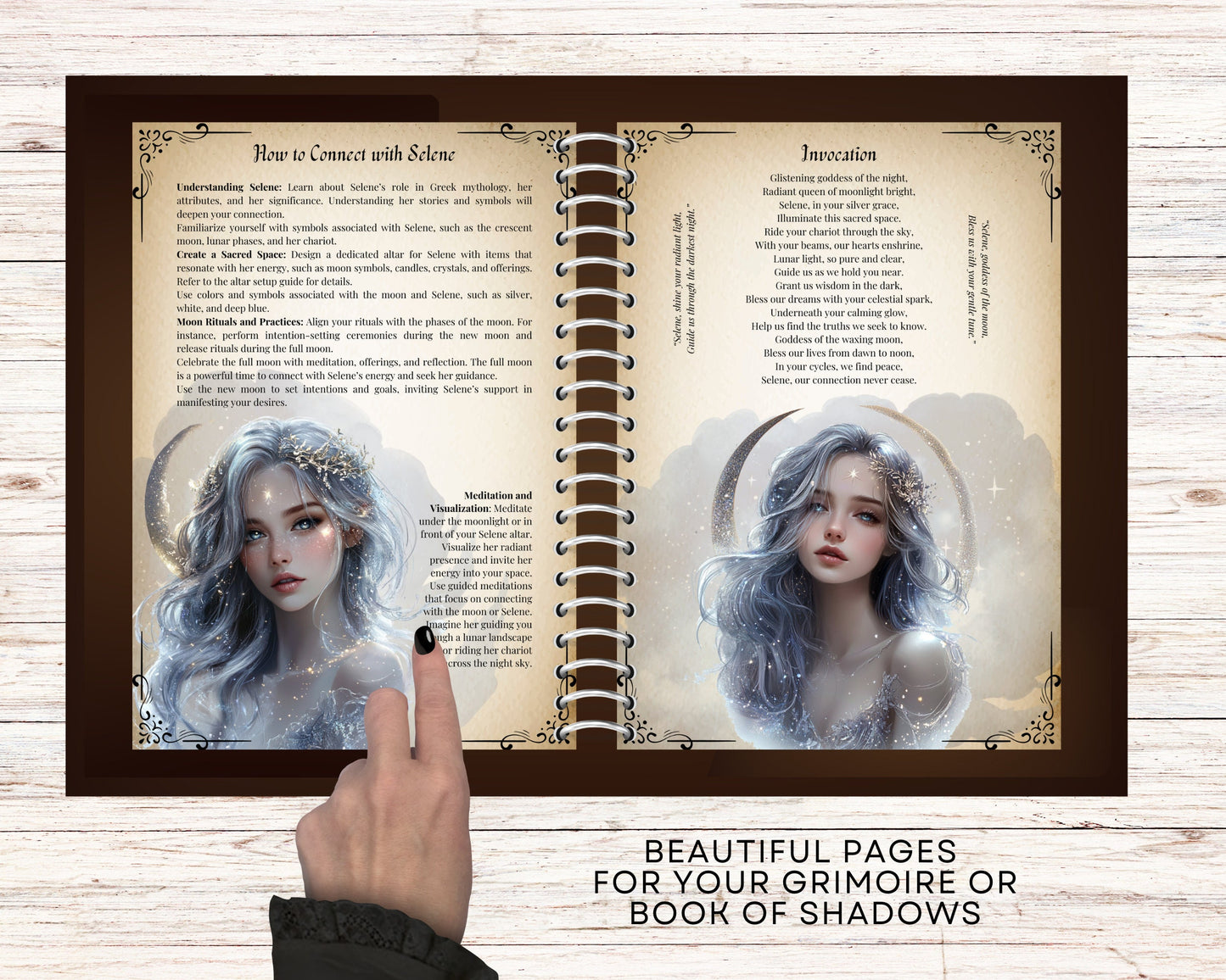 Selene. The goddess and personification of the Moon. Beautiful pages for your Grimoire or Book Of Shadows. Printable.