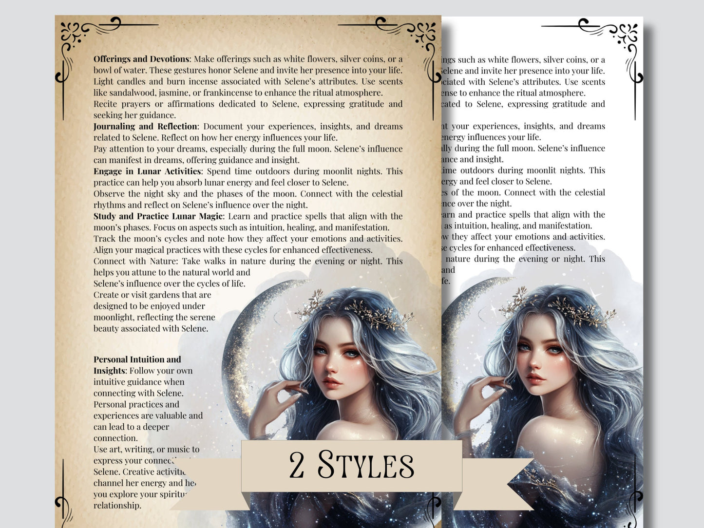 Selene. The goddess and personification of the Moon. Beautiful pages for your Grimoire or Book Of Shadows. Printable.