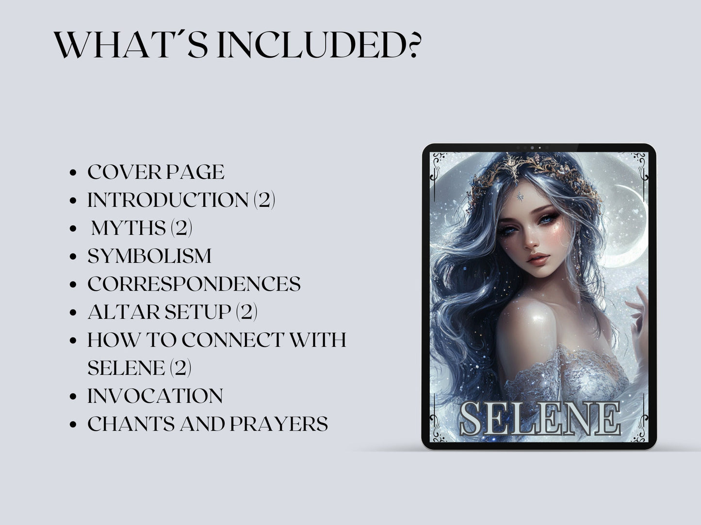 Selene. The goddess and personification of the Moon. Beautiful pages for your Grimoire or Book Of Shadows. Printable.