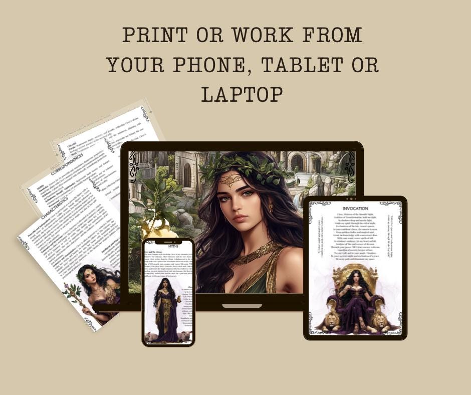 Circe. Greek goddess of sorcery. Beautiful pages for your Grimoire or Book Of Shadows. Printable.