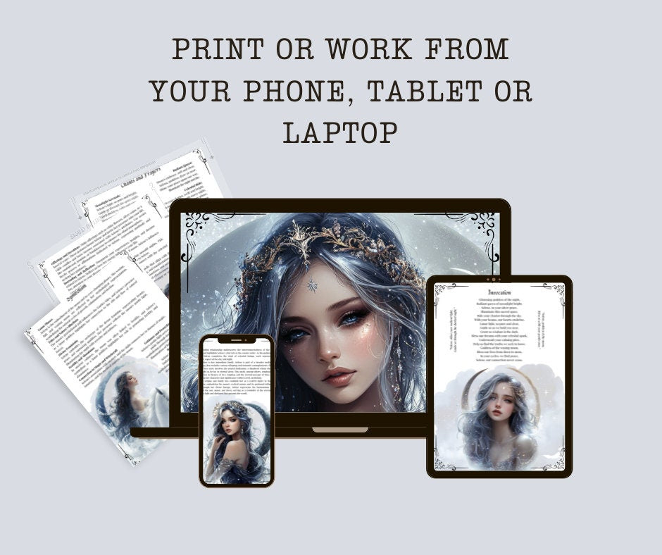 Selene. The goddess and personification of the Moon. Beautiful pages for your Grimoire or Book Of Shadows. Printable.