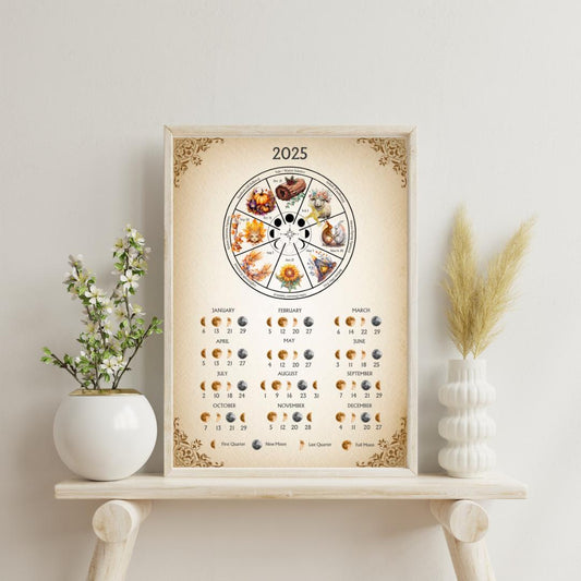 Pagan Wheel of the Year with lunar calendar 2025 | Printable | Moon Phases Calendar | Digital Download