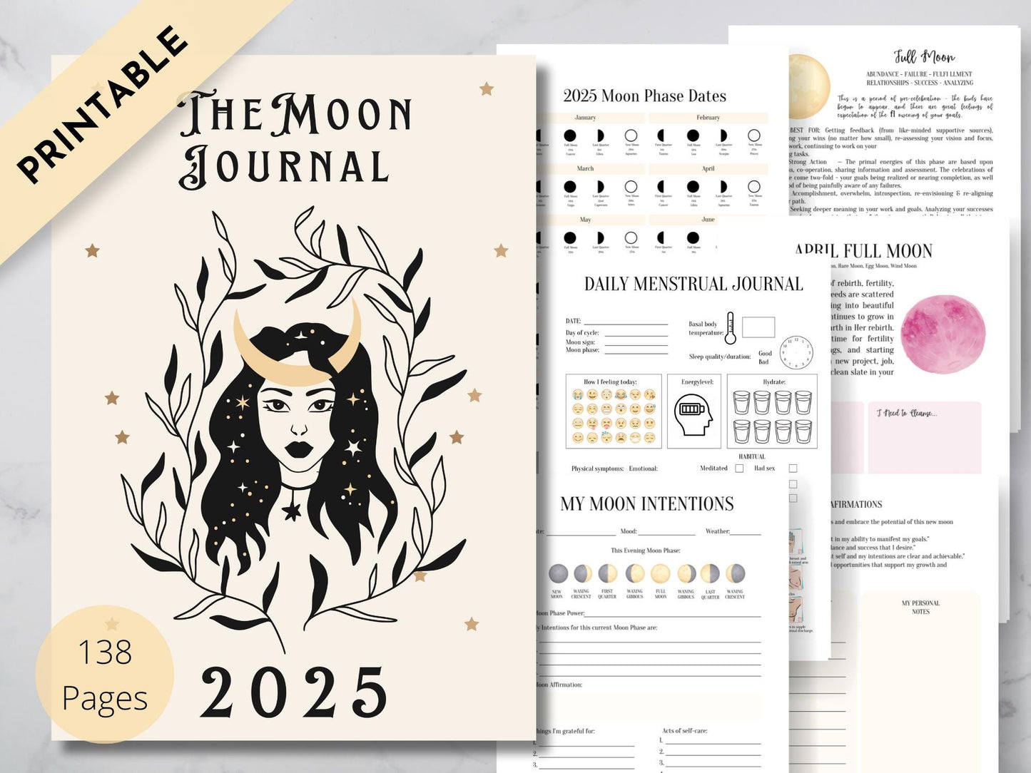 2025 Moon Journal / Moon Planner /Moon Workbook / Full Moon Ritual / Moon Manifestation / Law of Attraction. PRINTABLE.