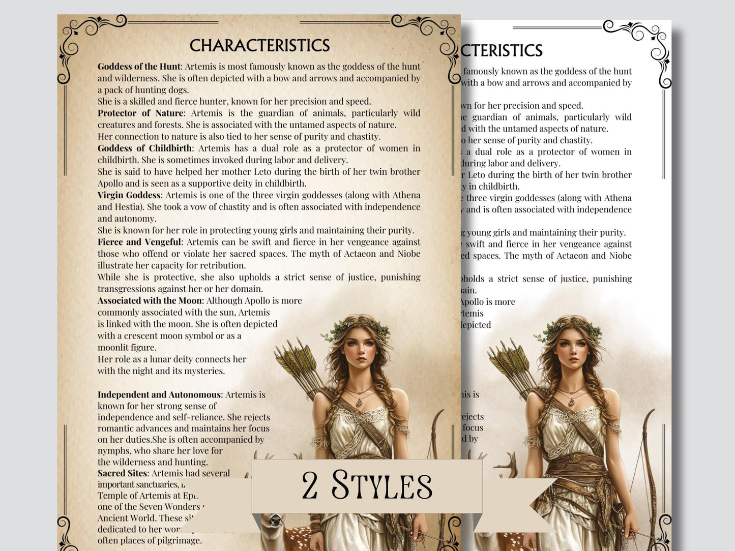 Artemis. Beautiful pages for your Grimoire or Book Of Shadows. Printable.