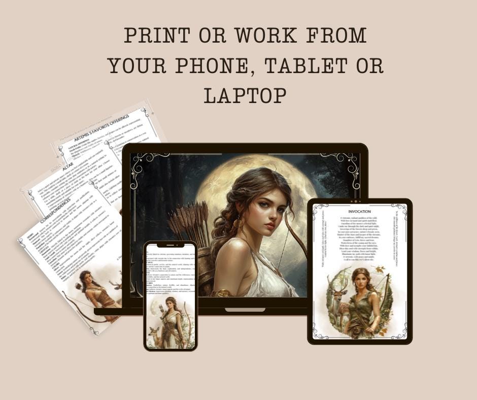 Artemis. Beautiful pages for your Grimoire or Book Of Shadows. Printable.
