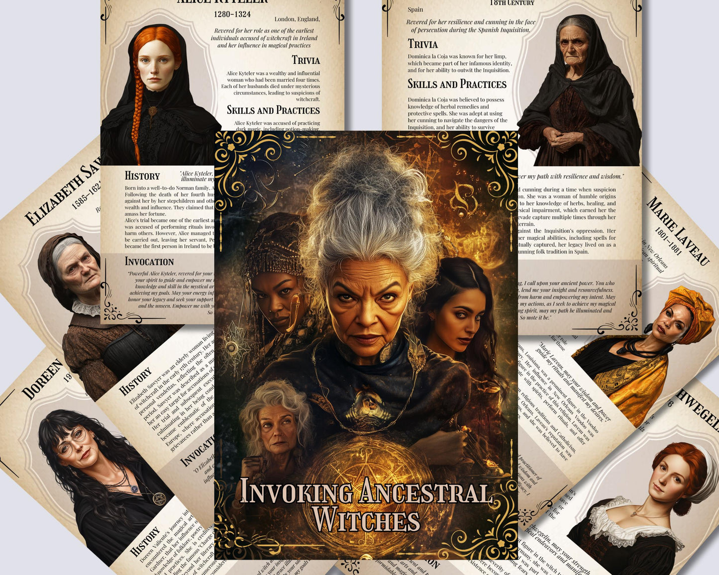 Invoking Ancestral Witches: Channeling the Power of Historical Sorceresses for Your Magical Work. Grimoire Cheat Sheets Pages. Printable.