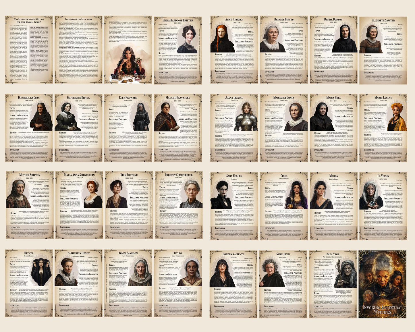 Invoking Ancestral Witches: Channeling the Power of Historical Sorceresses for Your Magical Work. Grimoire Cheat Sheets Pages. Printable.