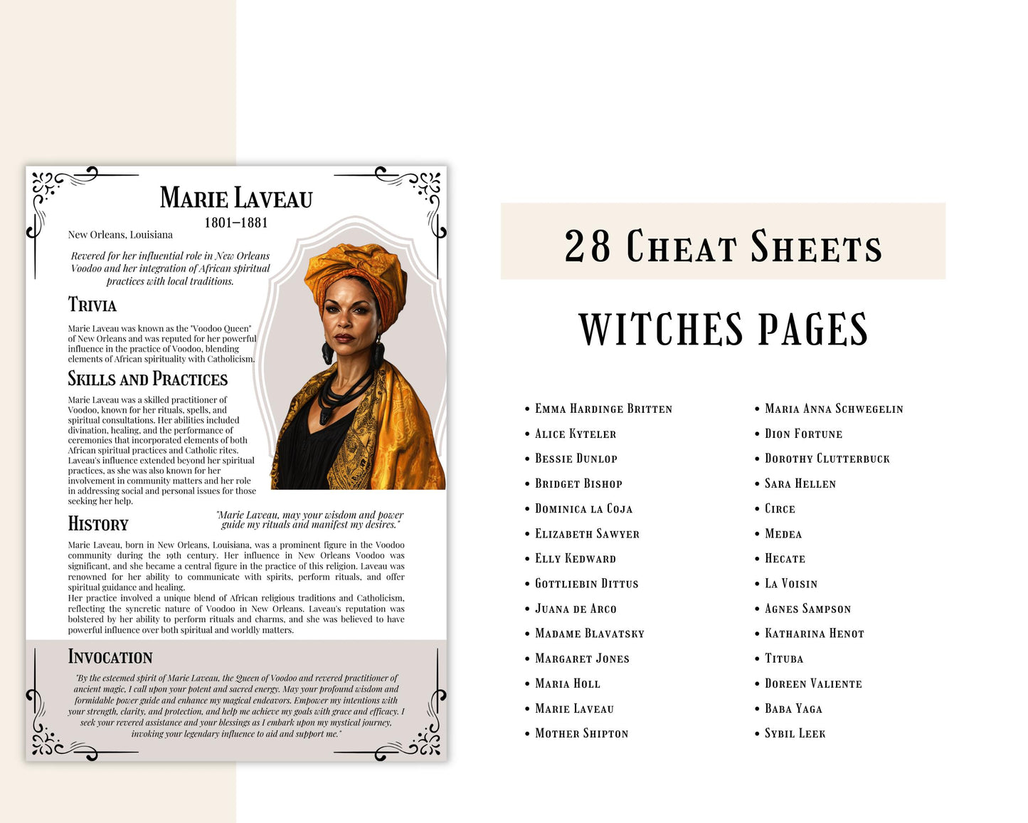Invoking Ancestral Witches: Channeling the Power of Historical Sorceresses for Your Magical Work. Grimoire Cheat Sheets Pages. Printable.