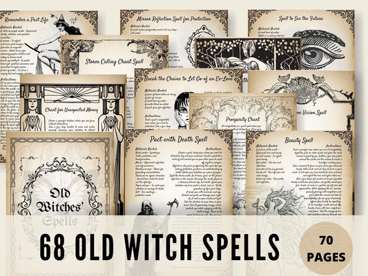 OLD WITCH SPELLS Bundle, 68 Printable Spells, 70 Pages of Beautiful Old Witchcraf Magick for your Grimoire, Book of Shadows or Spellbook