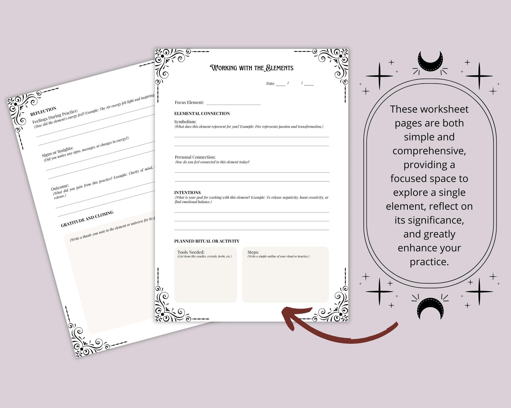 Elements Guide & Worksheet. Basic Guide to Using the Elemental Magick in Witchcraft. Beautiful Printable Pages