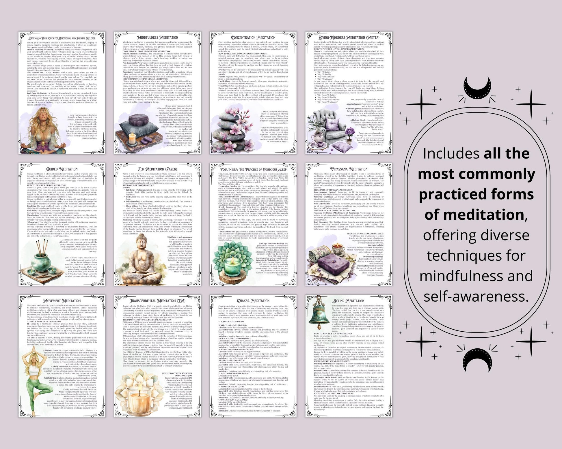 Meditation Guide. Breathing Techniques, Styles, Affirmations, Journal Prompts, Meditation Scripts, and more! Printable