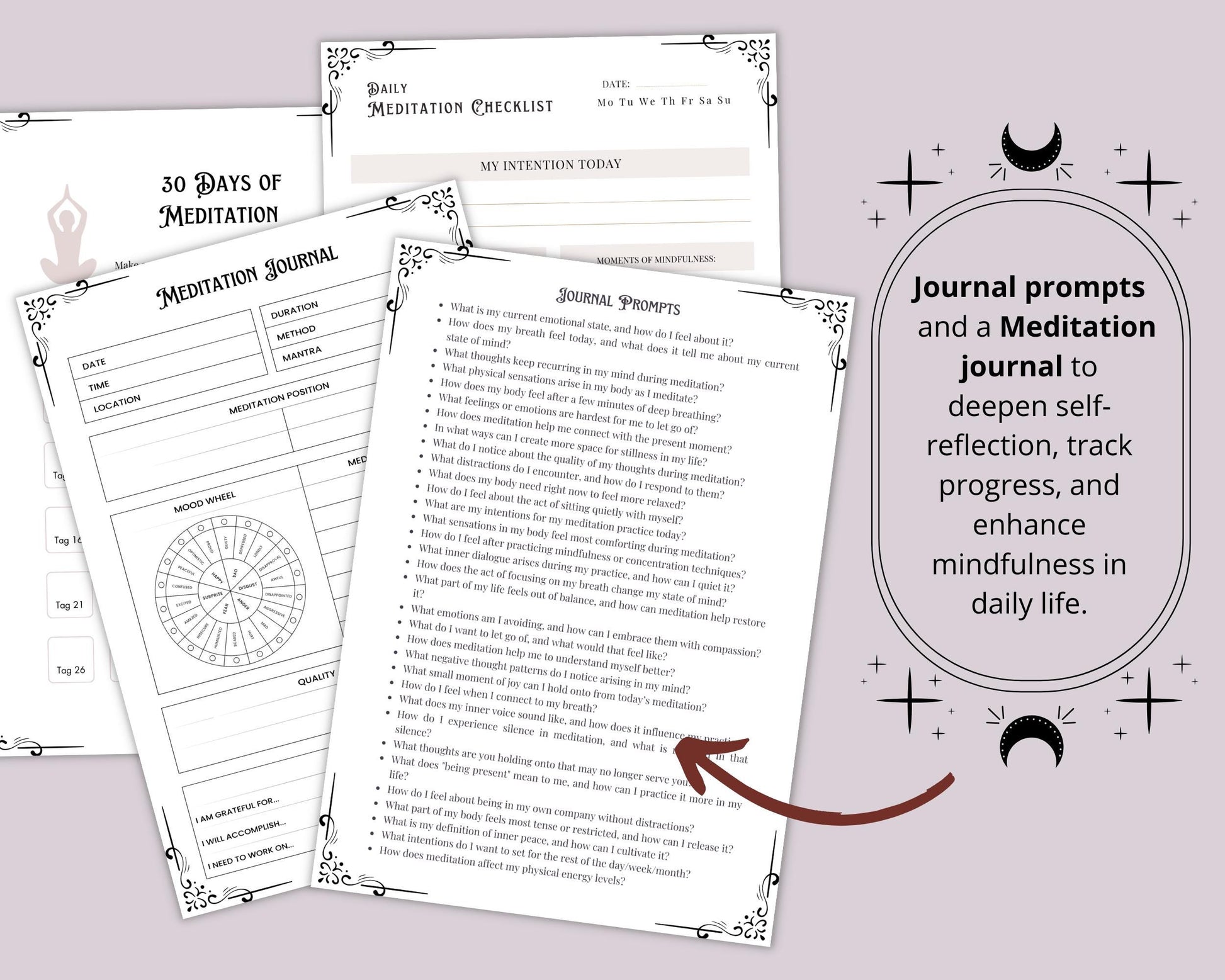 Meditation Guide. Breathing Techniques, Styles, Affirmations, Journal Prompts, Meditation Scripts, and more! Printable