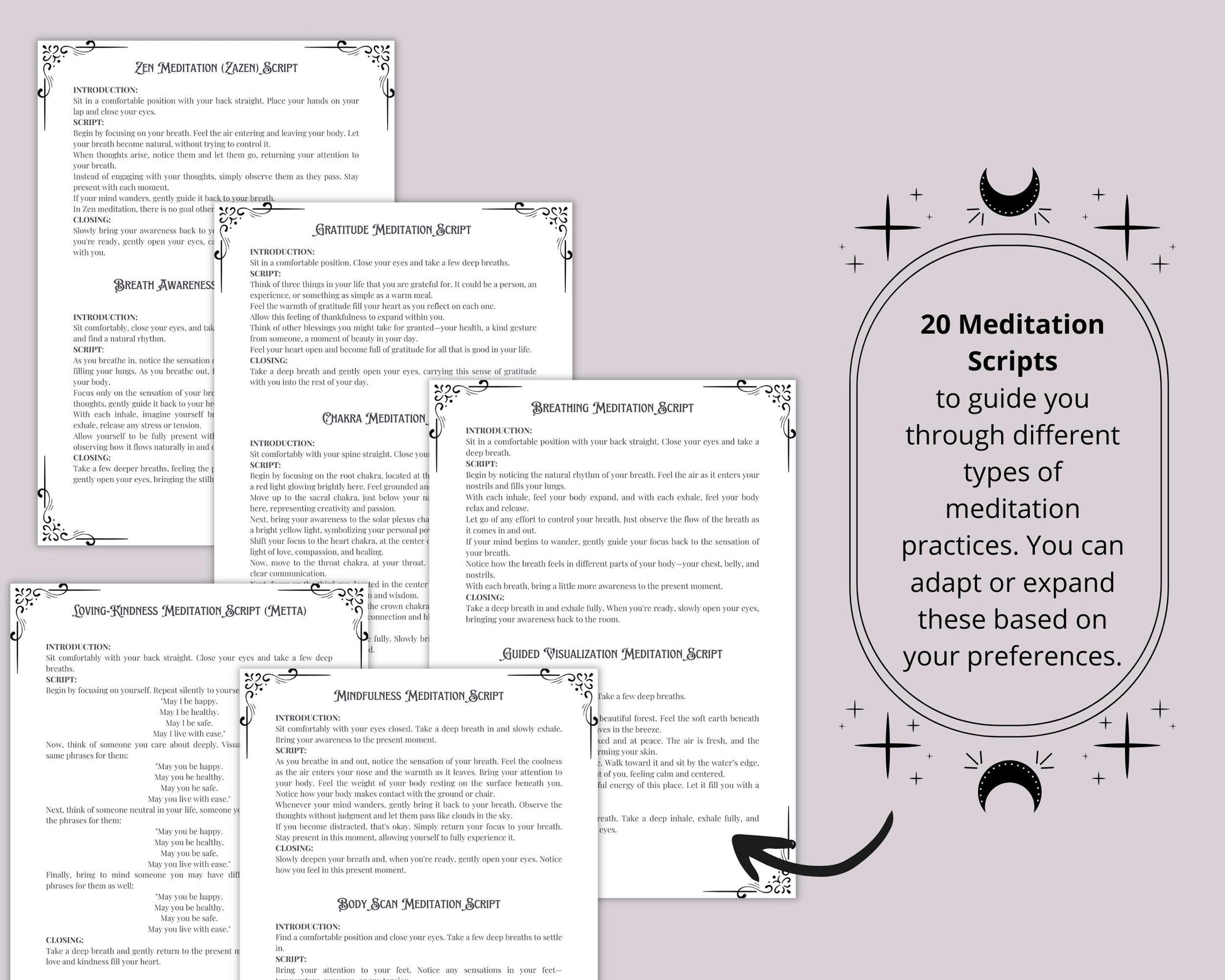 Meditation Guide. Breathing Techniques, Styles, Affirmations, Journal Prompts, Meditation Scripts, and more! Printable