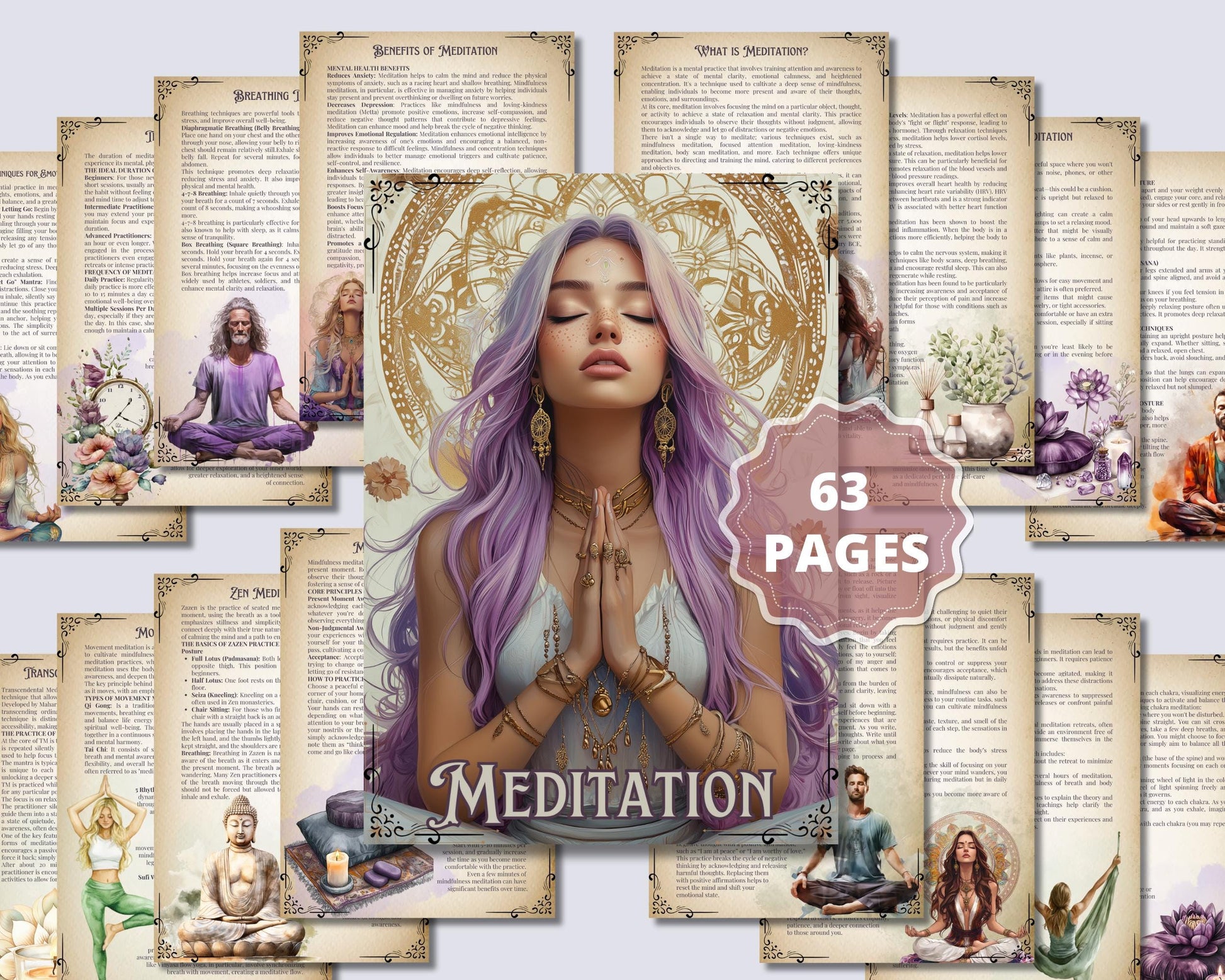 Meditation Guide. Breathing Techniques, Styles, Affirmations, Journal Prompts, Meditation Scripts, and more! Printable