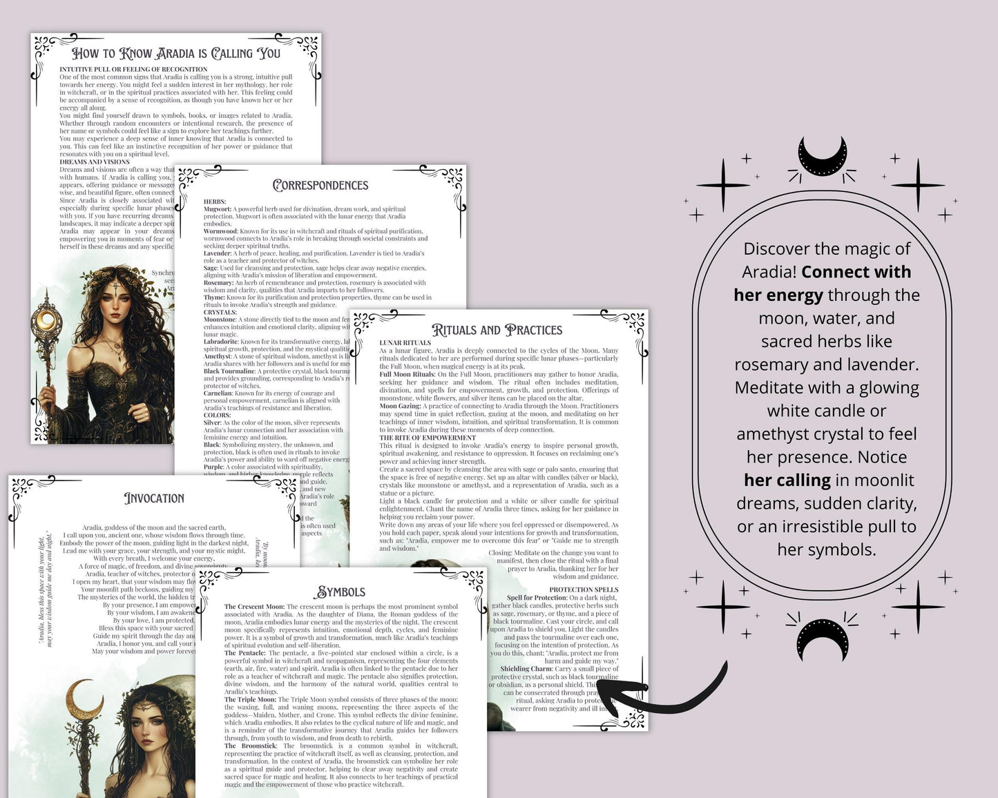 Aradia. Goddess of Freedom and Lunar Power. 17 Beautiful pages for your Grimoire or Book Of Shadows. Printable.