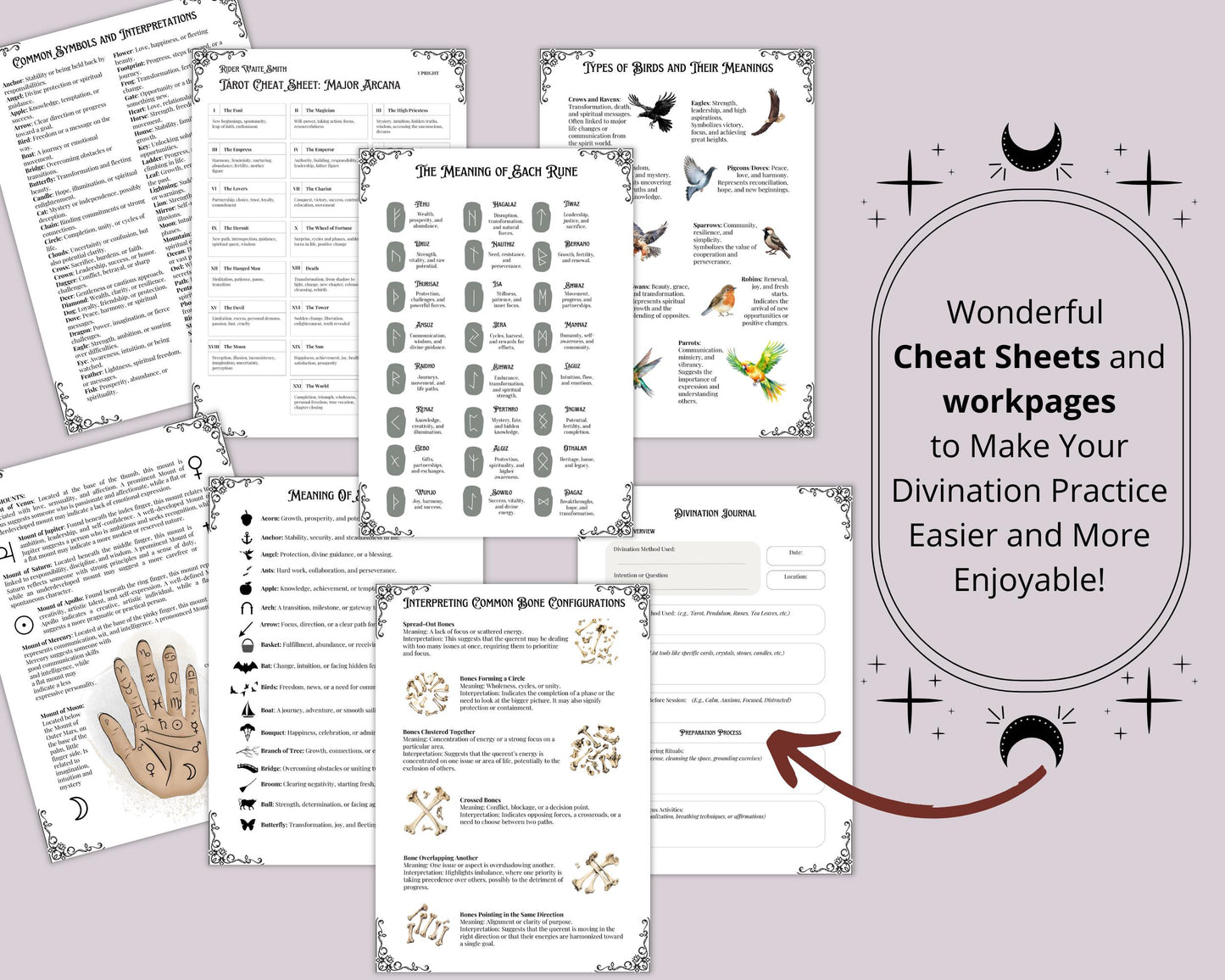 Divination Bundle. The Most Complete. Beautiful pages for your Grimoire or Book Of Shadows. Printable.
