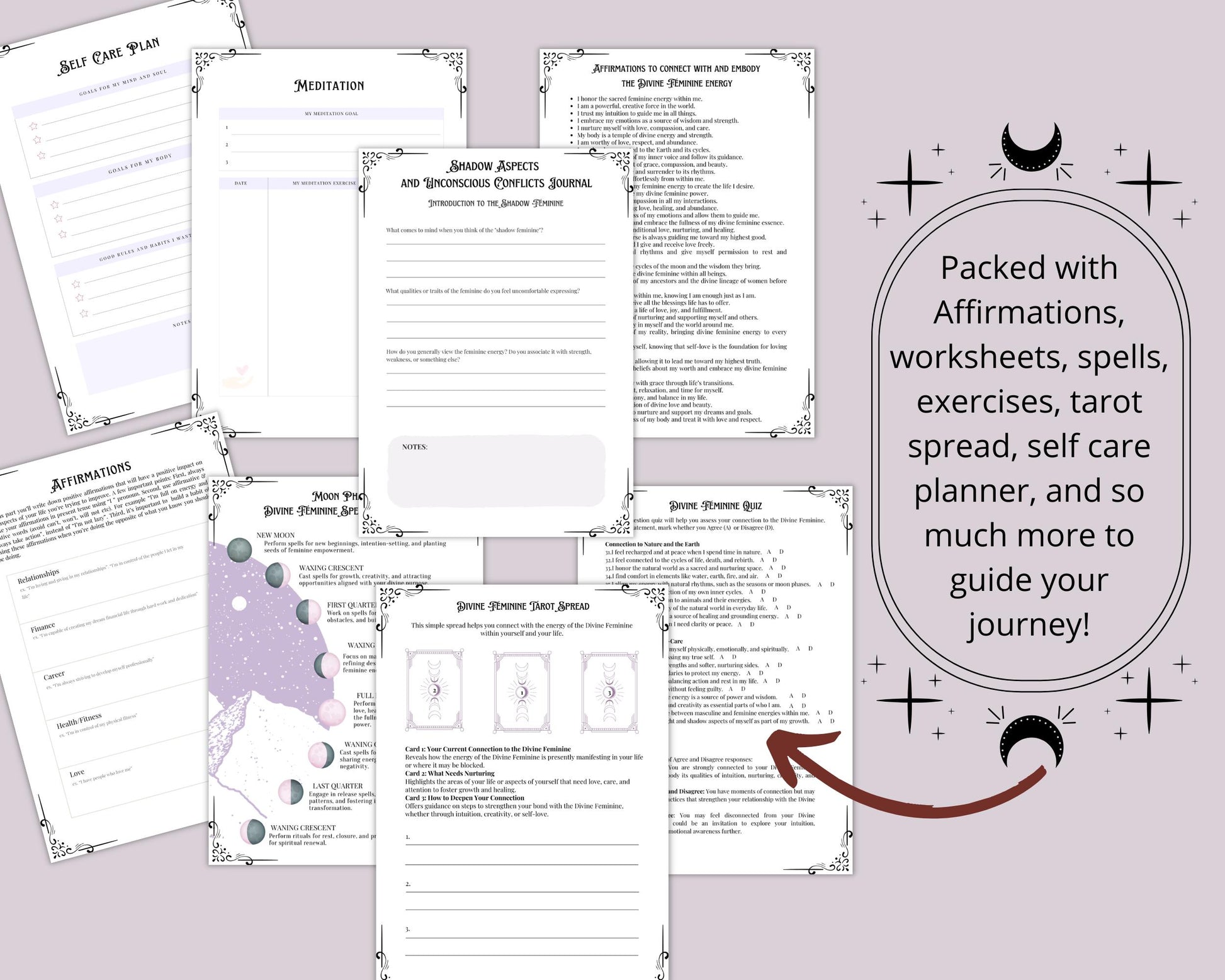 Divine Feminine Bundle. Rituals, Correspondences, Sacred Dance, Affirmations, Meditation, Shadow aspects prompts, and More! - Printable
