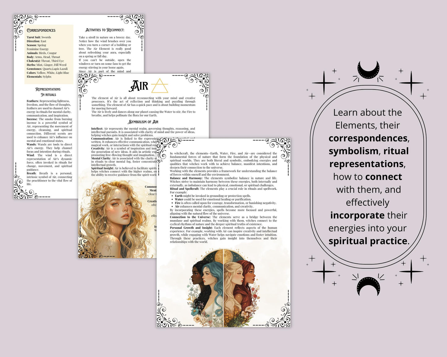 Elements Guide & Worksheet. Basic Guide to Using the Elemental Magick in Witchcraft. Beautiful Printable Pages