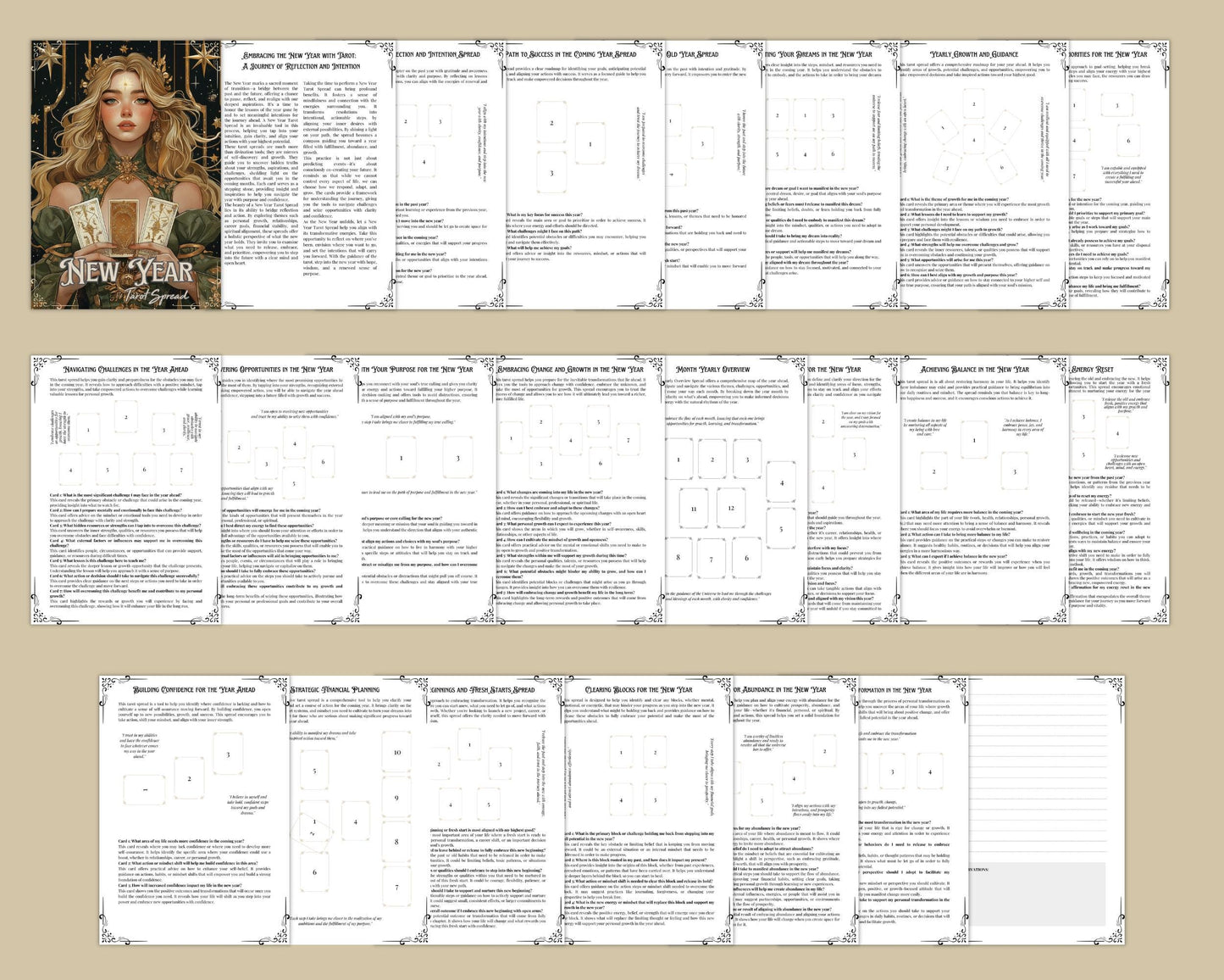 New Year Tarot Spreads Journal. 20 Tarot Spreads to guide your journey into the year ahead. Printable